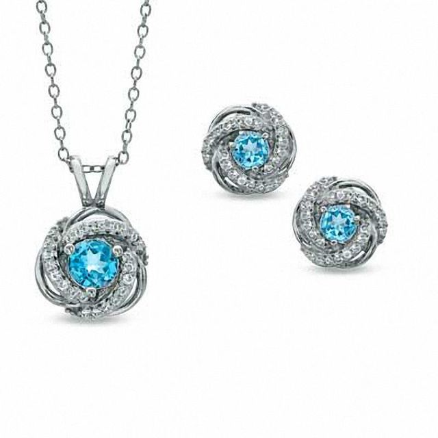 Swiss Blue Topaz and Lab-Created White Sapphire Pendant and Earrings Set in Sterling Silver|Peoples Jewellers