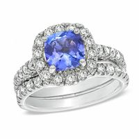 7.0mm Cushion-Cut Tanzanite and 0.98 CT. T.W. Diamond Bridal Set in 14K White Gold|Peoples Jewellers