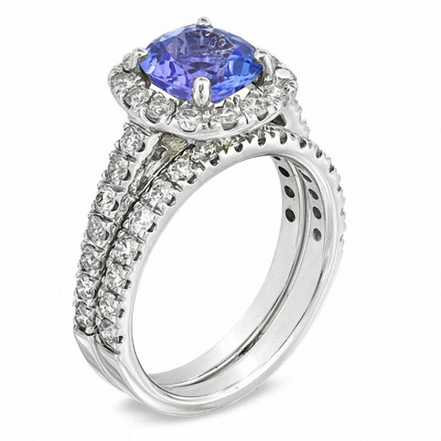 7.0mm Cushion-Cut Tanzanite and 0.98 CT. T.W. Diamond Bridal Set in 14K White Gold|Peoples Jewellers