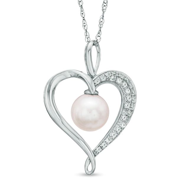 7.5-8.0mm Freshwater Cultured Pearl and Lab-Created White Sapphire Heart Pendant in Sterling Silver|Peoples Jewellers