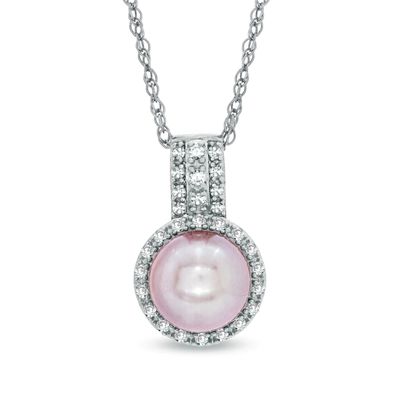 7.5-8.0mm Pink Freshwater Cultured Pearl and Lab-Created White Sapphire Pendant in Sterling Silver|Peoples Jewellers