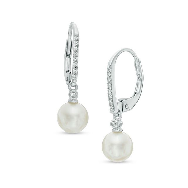 6.5-7.0mm Freshwater Cultured Pearl and Lab-Created White Sapphire Drop Earrings in 10K White Gold|Peoples Jewellers