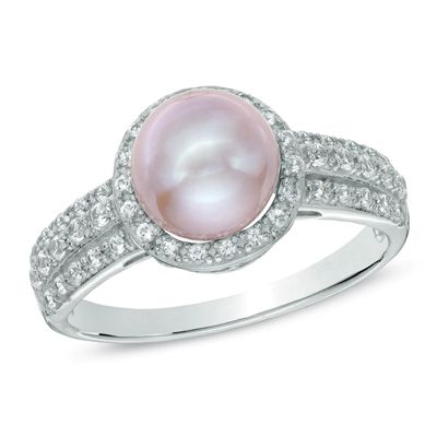 7.5-8.0mm Pink Freshwater Cultured Pearl and Lab-Created White Sapphire Ring in Sterling Silver|Peoples Jewellers