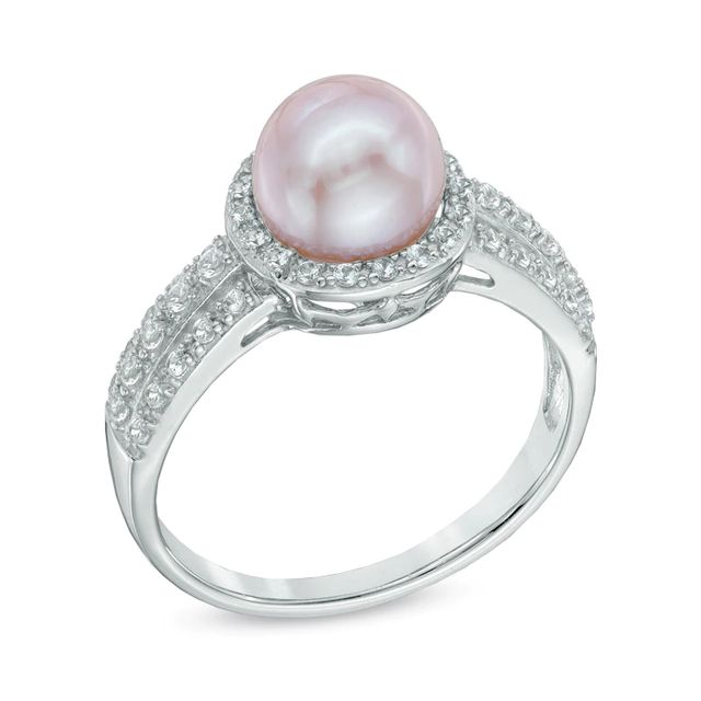 7.5-8.0mm Pink Freshwater Cultured Pearl and Lab-Created White Sapphire Ring in Sterling Silver