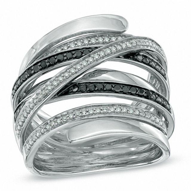 0.25 CT. T.W. Enhanced Black and White Diamond Continuous Wrap Ring in Sterling Silver - Size 7|Peoples Jewellers