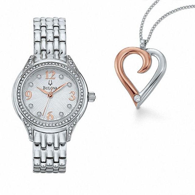 Ladies' Crystal Accent Bulova Watch and Heart Pendant Set (Model: 96X125)|Peoples Jewellers