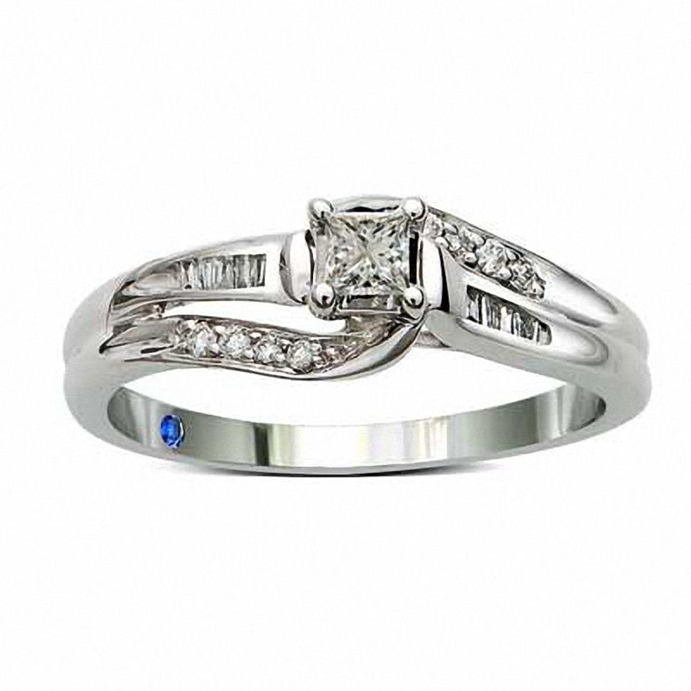 Princess-Cut Blue Sapphire and 0.06 CT. T.W. Diamond Three Stone Promise Ring in 10K White Gold|Peoples Jewellers