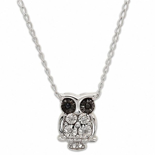 TEENYTINY™ Enhanced Black and White Diamond Accent Owl Pendant in Sterling Silver - 17"