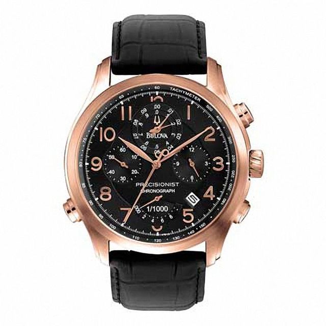 Men's Bulova Precisionist Wilton Chronograph Rose-Tone Strap Watch with Black Dial (Model: 97B122)|Peoples Jewellers