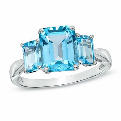 Emerald-Cut Swiss Blue Topaz Three Stone Ring in 10K White Gold|Peoples Jewellers