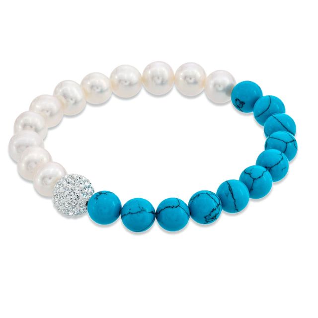 8.0 - 9.0mm Freshwater Pearl, Turquoise and Crystal Bracelet - 7.25"|Peoples Jewellers