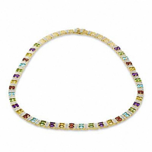 Oval Multi-Gemstone and Diamond Accent Necklace in Sterling Silver with 18K Gold Plate - 17"|Peoples Jewellers