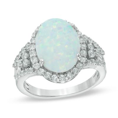 Oval Lab-Created Opal and White Sapphire Ring in Sterling Silver|Peoples Jewellers