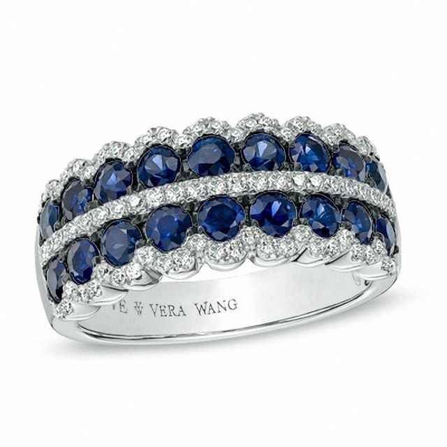 Vera Wang Love Collection Blue Sapphire and 0.30 CT. T.W. Diamond Double Row Anniversary Band in 14K White Gold|Peoples Jewellers