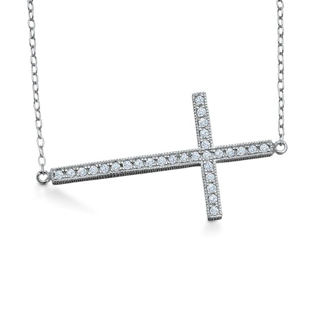 Lab-Created White Sapphire Sideways Cross Necklace in Sterling Silver|Peoples Jewellers