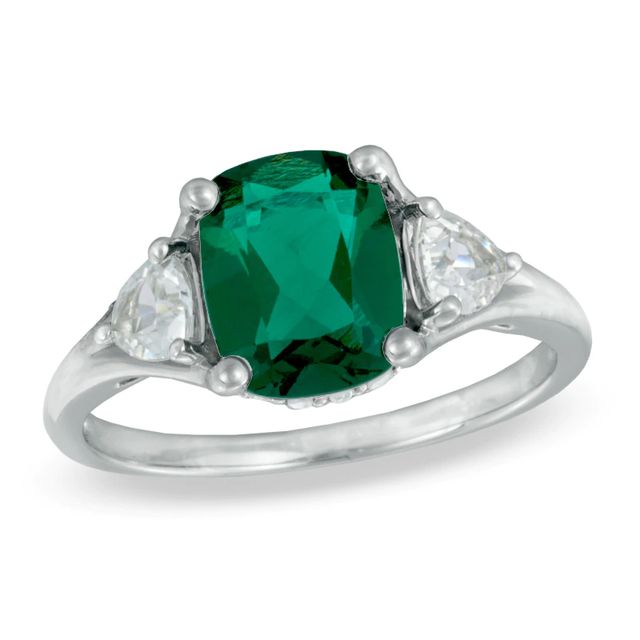 Cushion-Cut Lab-Created Emerald, White Sapphire and Diamond Accent Ring in 10K White Gold|Peoples Jewellers