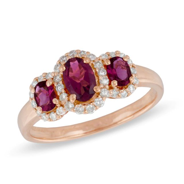 Oval Rubellite and 0.23 CT. T.W. Diamond Three Stone Ring in 10K Rose Gold|Peoples Jewellers