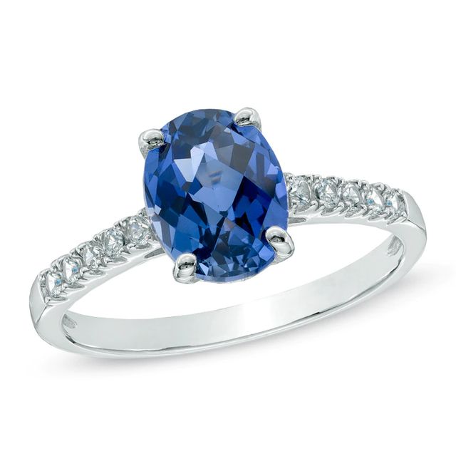 Oval Lab-Created Blue and White Sapphire Ring in 10K White Gold