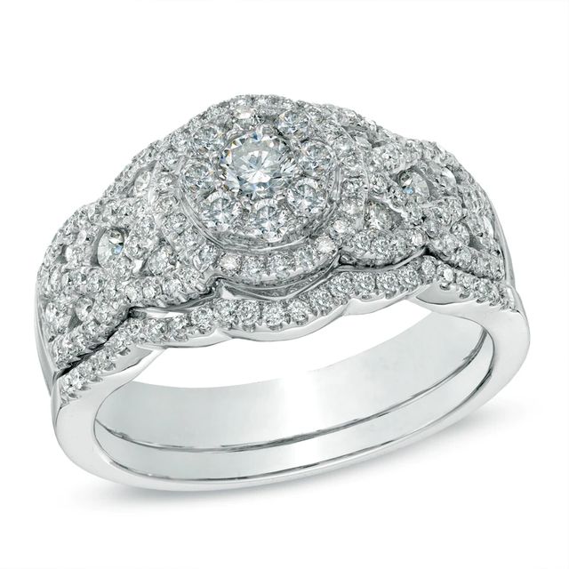 1.00 CT. T.W. Diamond Cluster Twisting Bridal Set in 14K White Gold|Peoples Jewellers