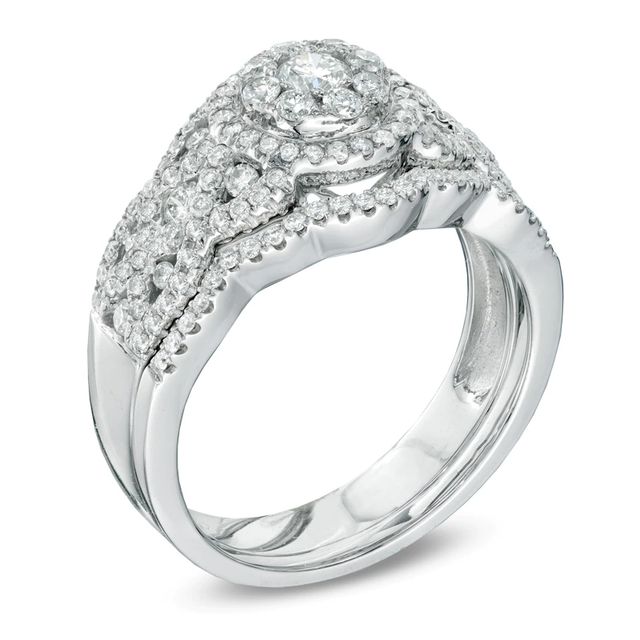 1.00 CT. T.W. Diamond Cluster Twisting Bridal Set in 14K White Gold