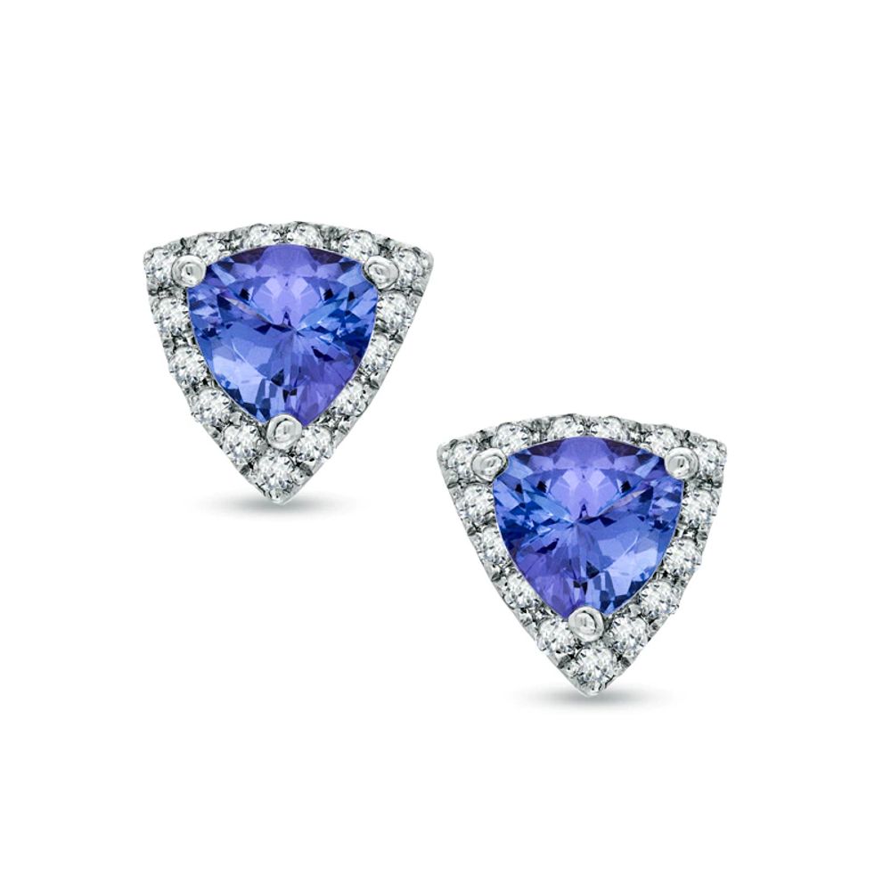 5.0mm Trillion-Cut Tanzanite and 0.19 CT. T.W. Diamond Frame Stud Earrings in 10K White Gold|Peoples Jewellers