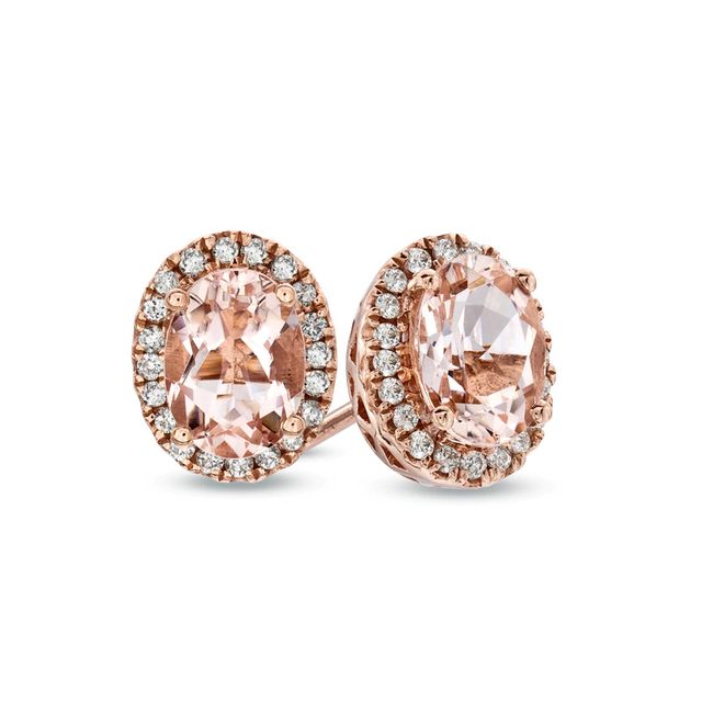 Oval Morganite and 0.14 CT. T.W. Diamond Frame Stud Earrings in 10K Rose Gold|Peoples Jewellers