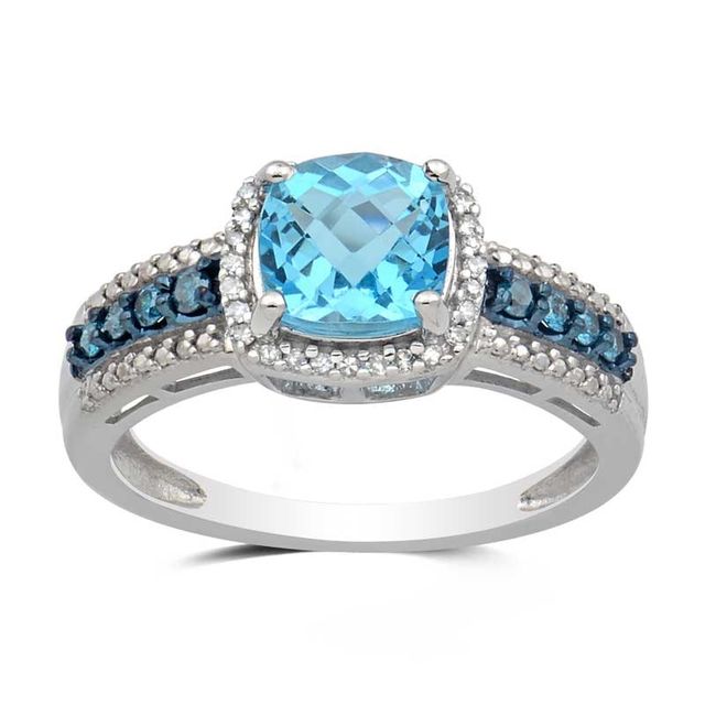 7.0mm Cushion-Cut Blue Topaz and 0.21 CT. T.W. Enhanced Blue and White Diamond Ring in 10K White Gold