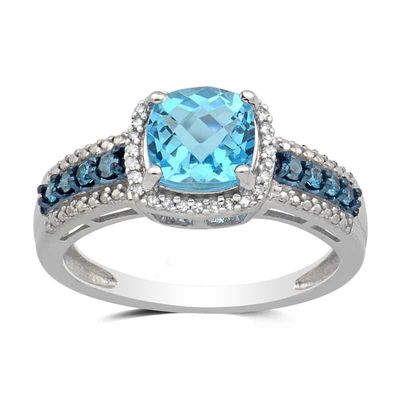 7.0mm Cushion-Cut Blue Topaz and 0.21 CT. T.W. Enhanced Blue and White Diamond Ring in 10K White Gold|Peoples Jewellers