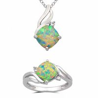 8.0mm Cushion-Cut Lab-Created Opal and White Sapphire Pendant and Ring Set in Sterling Silver - Size 7|Peoples Jewellers