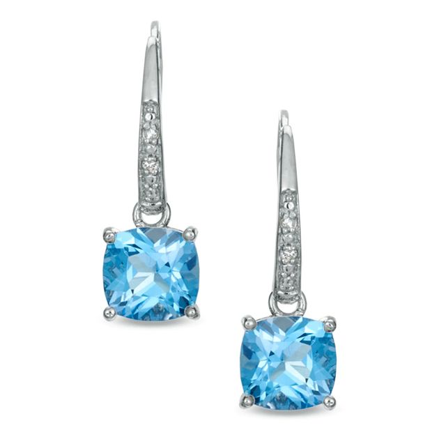 7.0mm Cushion-Cut Swiss Blue Topaz and Diamond Accent Drop Earrings in Yellow Rhodium Sterling Silver