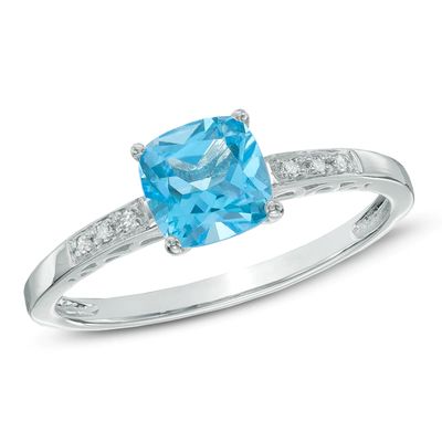 6.0mm Cushion-Cut Swiss Blue Topaz and Diamond Accent Ring in 10K White Gold|Peoples Jewellers