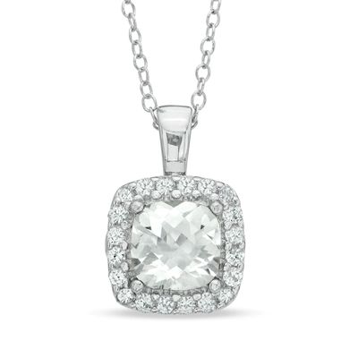 7.0mm Cushion-Cut Lab-Created White Sapphire Frame Pendant in Sterling Silver|Peoples Jewellers
