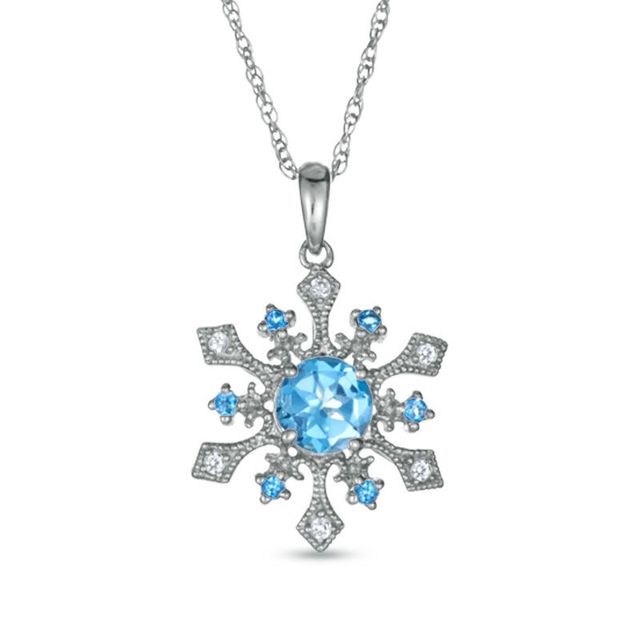 6.0mm Blue Topaz and Lab-Created White Sapphire Snowflake Pendant in Sterling Silver