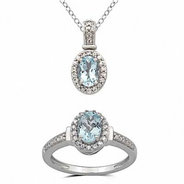 Oval Aquamarine and Lab-Created White Sapphire Pendant and Ring Set in Sterling Silver - Size 7|Peoples Jewellers