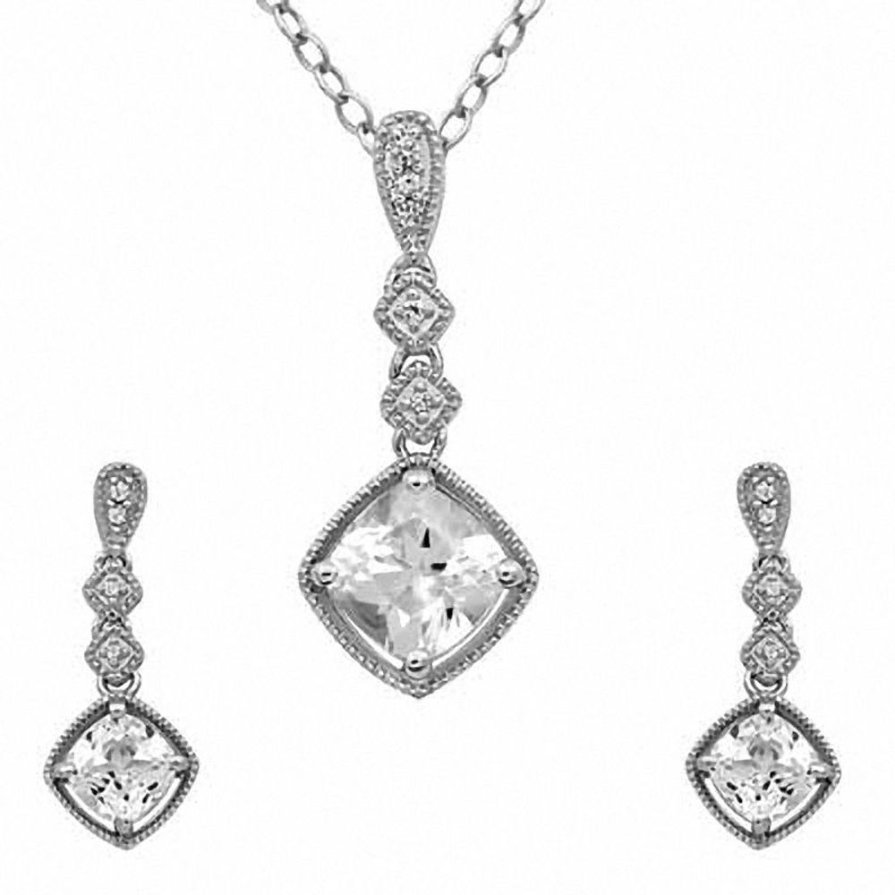 7.0mm Cushion-Cut Lab-Created White Sapphire Pendant and Earrings Set in Sterling Silver|Peoples Jewellers