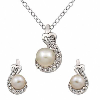 6.0-7.0mm Freshwater Cultured Pearl and Lab-Created White Sapphire Pendant and Earrings Set in Sterling Silver|Peoples Jewellers