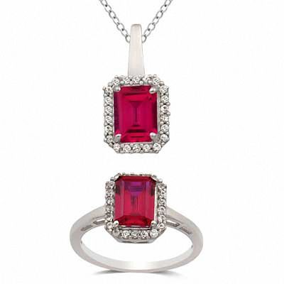 Emerald-Cut Lab-Created Ruby and White Sapphire Pendant and Ring Set in Sterling Silver - Size 7|Peoples Jewellers