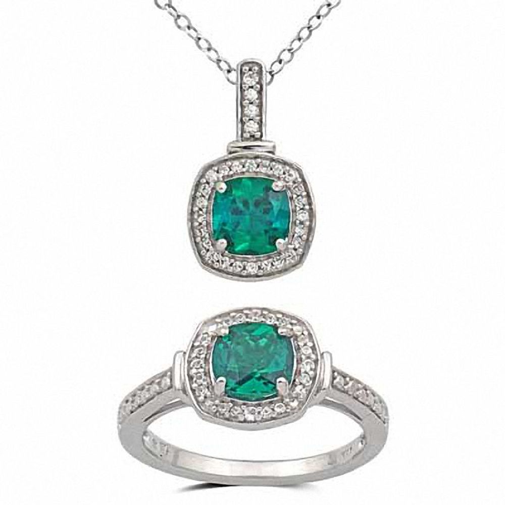 6.0mm Cushion-Cut Lab-Created Emerald and Lab-Created White Sapphire Pendant and Ring Set in Sterling Silver - Size 7|Peoples Jewellers