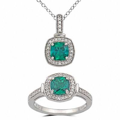 6.0mm Cushion-Cut Lab-Created Emerald and Lab-Created White Sapphire Pendant and Ring Set in Sterling Silver - Size 7|Peoples Jewellers