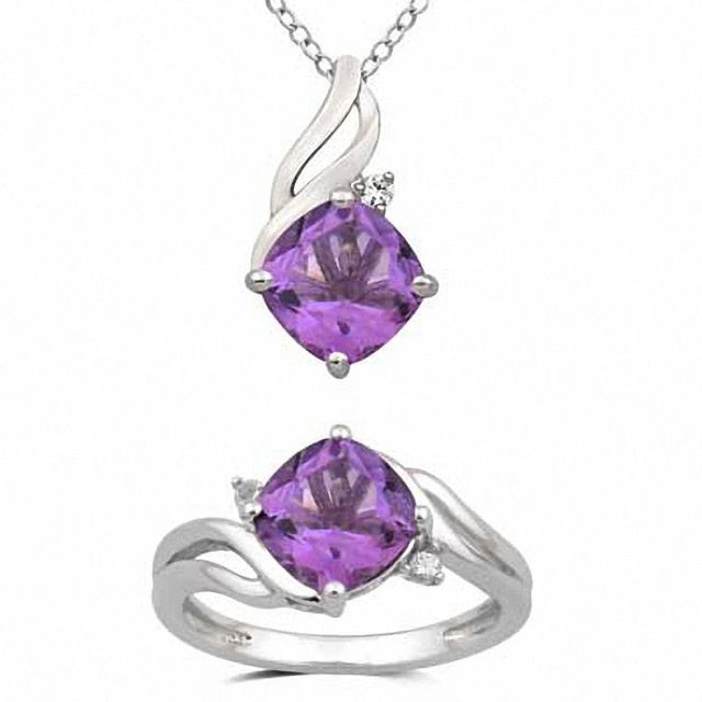 8.0mm Cushion-Cut Amethyst and Lab-Created White Sapphire Pendant and Ring Set in Sterling Silver - Size 7|Peoples Jewellers