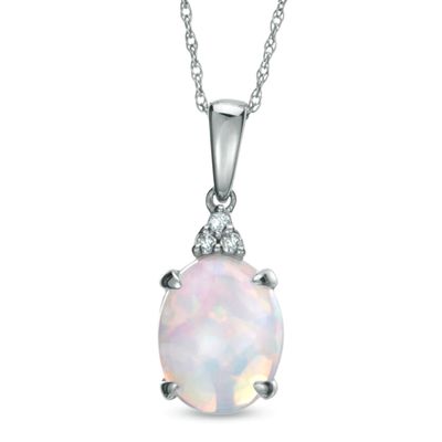 Oval Lab-Created Opal and Diamond Accent Pendant in 10K White Gold|Peoples Jewellers