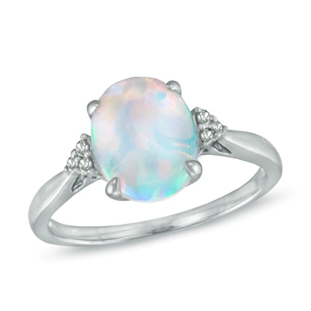Oval Lab-Created Opal and Diamond Accent Ring in 10K White Gold|Peoples Jewellers