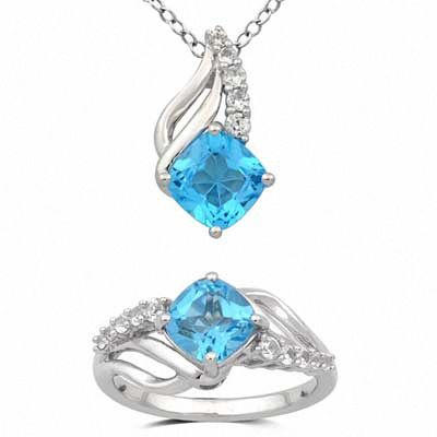 7.0mm Cushion-Cut Swiss Blue Topaz and Lab-Created White Sapphire Pendant and Ring Set in Sterling Silver - Size 7|Peoples Jewellers