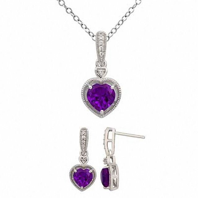 7.0mm Heart-Shaped Amethyst and Lab-Created White Sapphire Pendant and Earrings Set in Sterling Silver|Peoples Jewellers