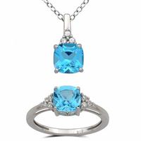 7.0mm Cushion-Cut Blue Topaz and Lab-Created White Sapphire Pendant and Ring Set in Sterling Silver - Size 7|Peoples Jewellers