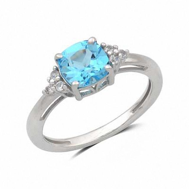 7.0mm Cushion-Cut Blue Topaz and Lab-Created White Sapphire Pendant and Ring Set in Sterling Silver - Size 7|Peoples Jewellers