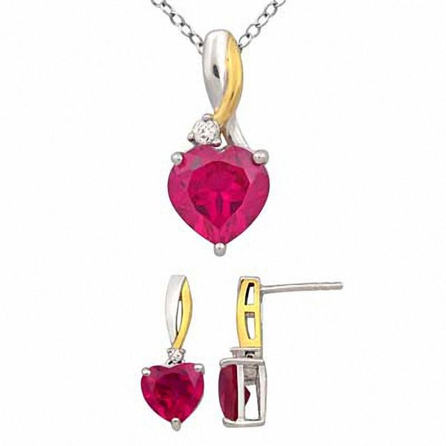 Heart-Shaped Lab-Created Ruby and White Sapphire Pendant and Earrings Set in Sterling Silver and 14K Gold Plate