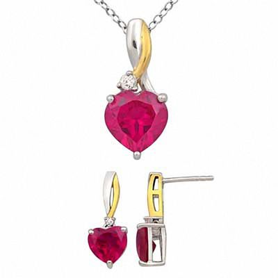 Heart-Shaped Lab-Created Ruby and White Sapphire Pendant and Earrings Set in Sterling Silver and 14K Gold Plate|Peoples Jewellers