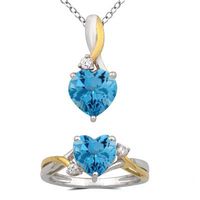 Heart-Shaped Blue Topaz and Lab-Created White Sapphire Pendant and Ring Set in Sterling Silver and 14K Gold Plate|Peoples Jewellers