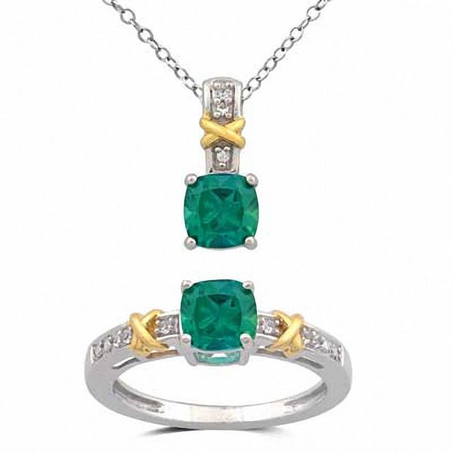 Cushion-Cut Lab-Created Emerald and White Sapphire Pendant and Ring Set in Sterling Silver and 14K Gold Plate - Size 7|Peoples Jewellers